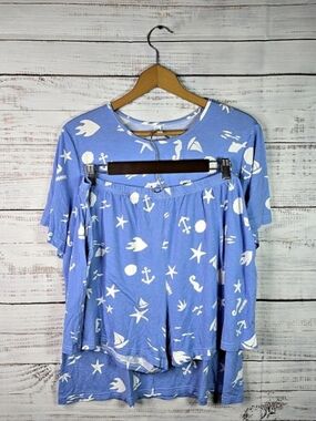 Findsweet 2XL Blue Nautical Print Pajama Lounge Set Short Sleeve & Shorts